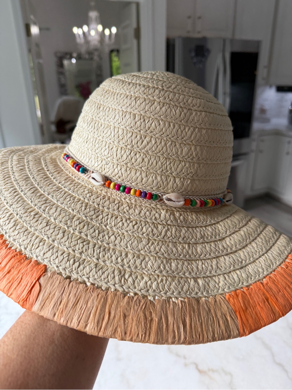 Cato Beige Straw Sun Hat with Colorful Bead & Shell Band and Orange Fringe